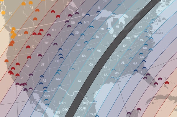 A stripe running across a map of North America traces the April 8, 2024, path of totality. Color-coded bands on either side of the stripe show the extent of the eclipse. A partial eclipse will occur across the entire contiguous U.S.
