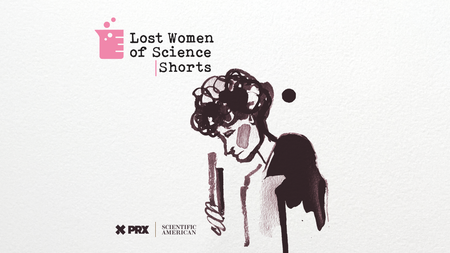 An illustration of a woman in profile looking down at a test tube