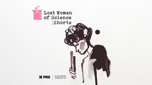 An illustration of a woman in profile looking down at a test tube