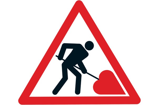 Illustration of a road sign with a person using a shovel that is a heart.