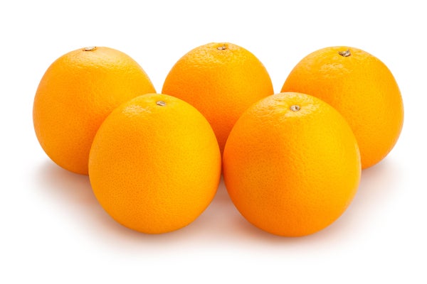 5 oranges on white background