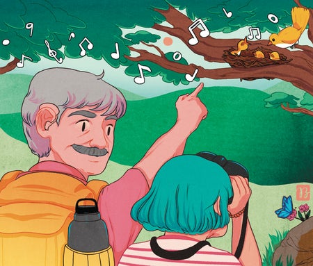 Illustration of an elderly man and a young girl birdwatching.