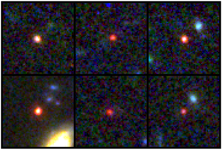 Images of six candidate massive galaxies, seen 500-800 million years after the Big Bang.