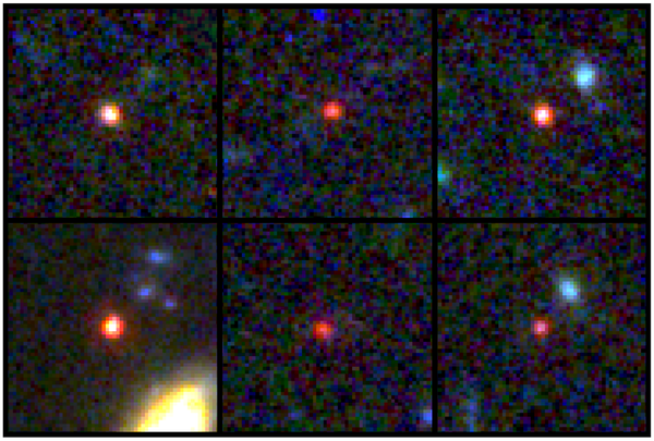 Images of six candidate massive galaxies, seen 500-800 million years after the Big Bang.