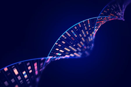 DNA molecular structure with sequencing data of human genome analysis on blue background.