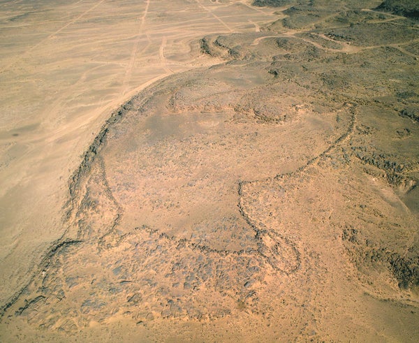 Aerial view of a desert kite from Jebel az-Zilliyat, Saudi Arabia.