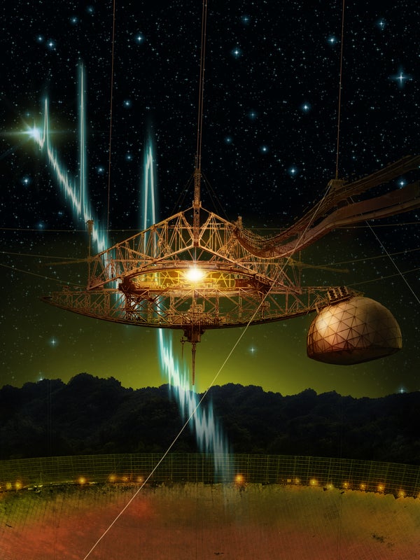 An artist's rendition of a fast radio burst entering the Arecibo radio telescope