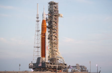 NASA's Space Launch System (SLS) rocket with the Orion spacecraft aboard is seen atop the mobile launcher as it is rolled up the ramp at Launch Pad 39B, Wednesday, Aug. 17, 2022, at NASA's Kennedy Space Center in Florida.