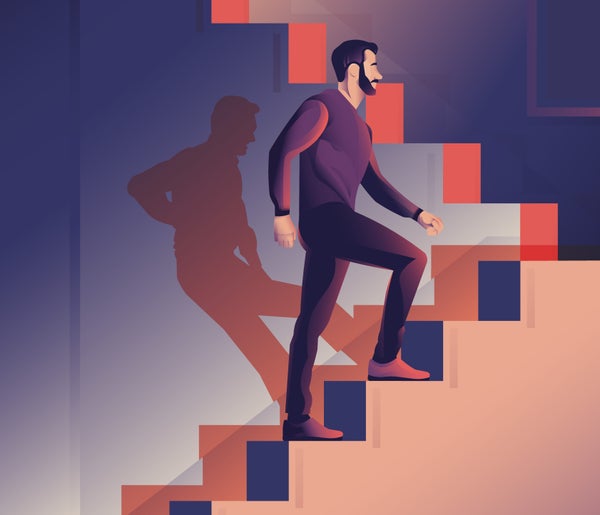 An illustration of a man walking up stairs, with his shadow bending over in visible pain.