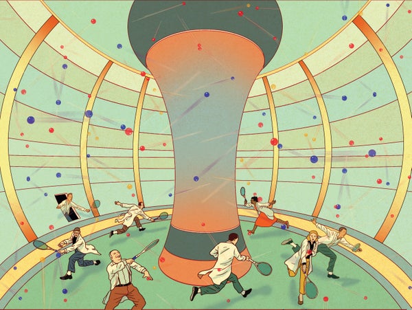 Illustration of scientists appearing to play racquetball in a circular room.