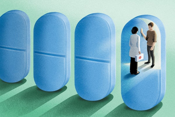 Four blue pills. The far right one containing art concept of doctor and patient.