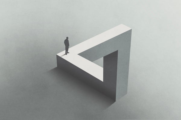 Illustration of man walking on Penrose triangle