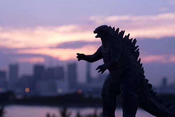 Godzilla toy looms over the Tokyo Bay