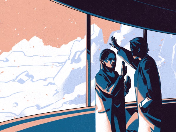 Artist rendition showing man pinning woman up against a glass window with icebegs in background
