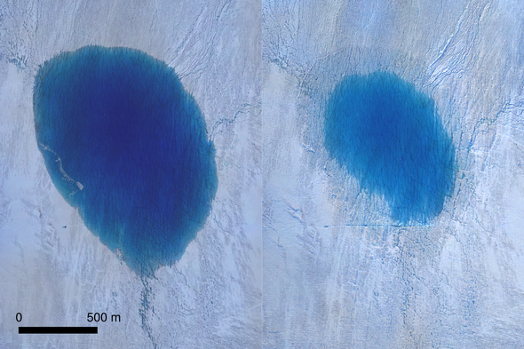 Huge Lakes Abruptly Empty into Greenland Ice Sheet