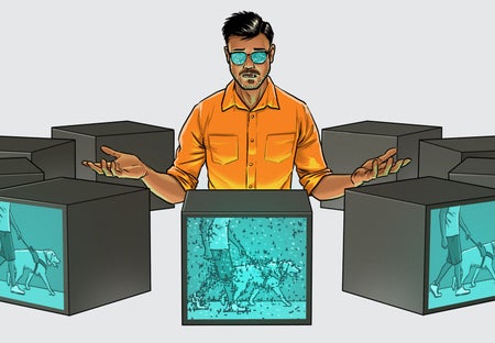 Person surrounded by black boxes. Each black box has a glowing screen with a similar base image projected on it. A few versions of the image are crisp. One includes static.