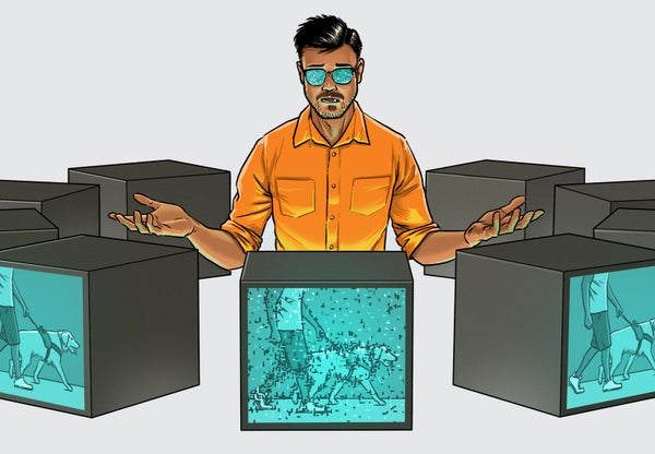 Person surrounded by black boxes. Each black box has a glowing screen with a similar base image projected on it. A few versions of the image are crisp. One includes static.