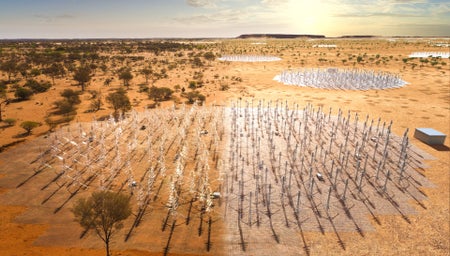 Composite image of the SKA-Low telescope in Western Australia with dipole antennas.