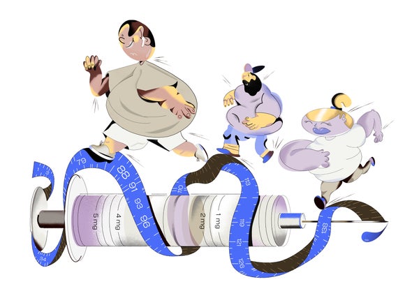 Illustration of 3 obese cartoon characters running over a tape measure wrapped around a syringe.