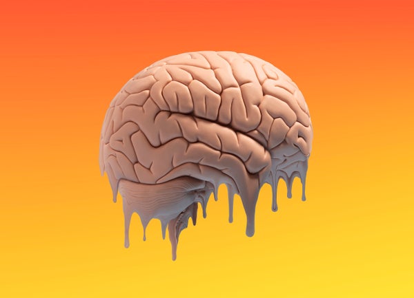 Side view human brain model in mid air on orange and yellow background melting from the bottom