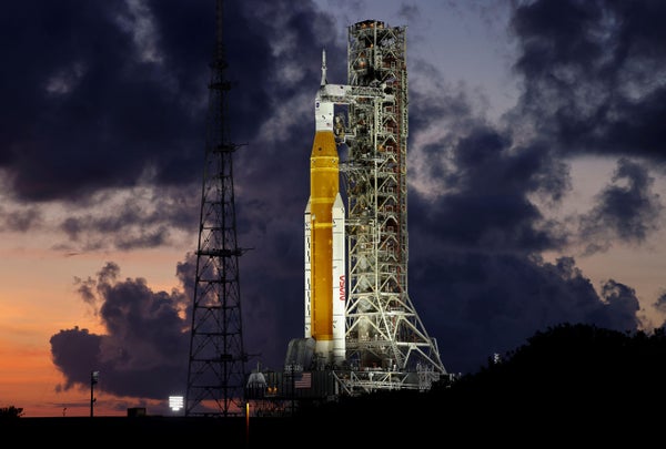 NASA's next-generation moon rocket, the Space Launch System (SLS) Artemis 1, is shown at the Kennedy Space Center in Cape Canaveral, Florida, U.S. June 27, 2022.