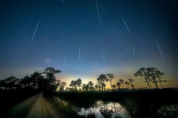 A meteor shower is seen over a pond in Florida during pre-dawn hours as the sky begins to light up on the horizon before sunrise
