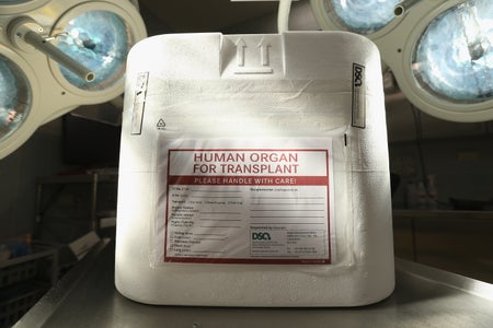 An empty styrofoam box used for transporting human organs sits on a cart in an operation room