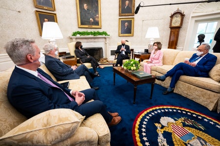 House Minority Leader Kevin McCarthy, Senate Minority Leader Mitch McConnell, Vice President Kamala Harris, President Joe Biden, Speaker of the House Nancy Pelosi and Senate Majority Leader Chuck Schumer meet in the Oval Office of the White House on May 1