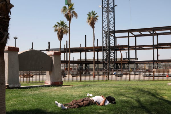 Grassy lawn with man resting in heat wave