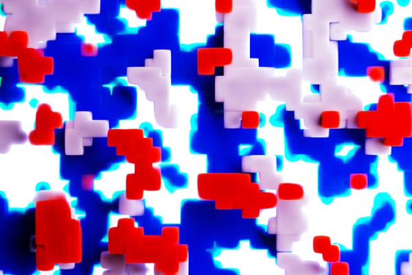 Digital generated image of abstract cubic pattern in red, blue and lilac.