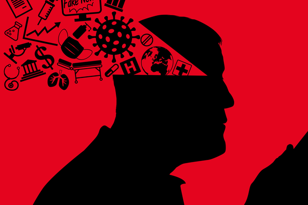 Symbols of the manipulation of information entering brain on red background