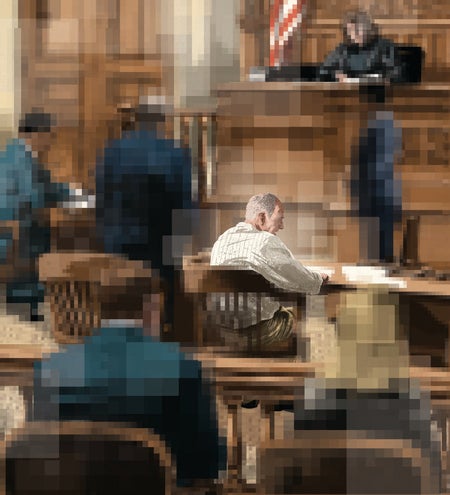 Illustration of an elderly man sitting in a courtroom.