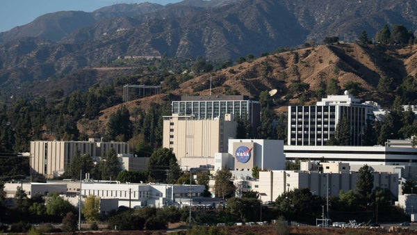 Exterior of the Jet Propulsion Laboratory in Southern California in a mountainous landscape