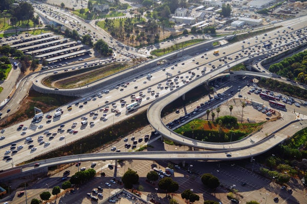 Aerial view of loops on freeway on Los Angeles, California, USA