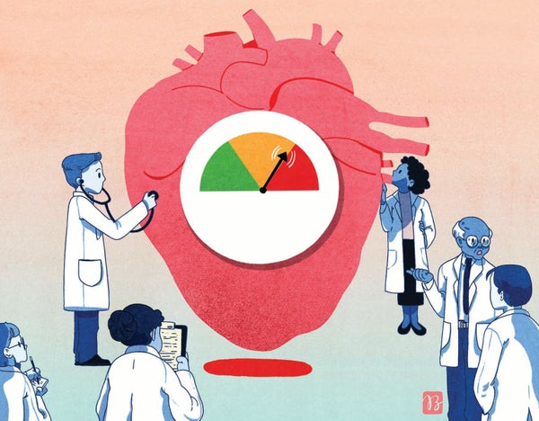 An illustration depicting doctors in white coats surrounding a human heart with a meter reading over it.