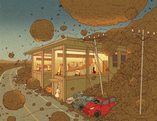 Illustration of scientists working in lab anylizing landslides while one happens around them.