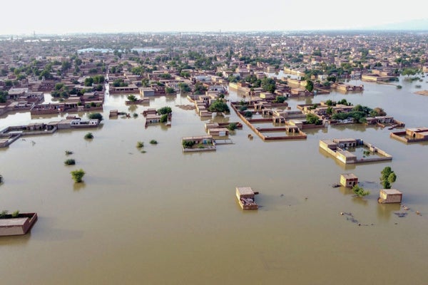 Une photographie aérienne de paysage représentant plusieurs dizaines de maisons inondées par des eaux de crue boueuses et brunes.