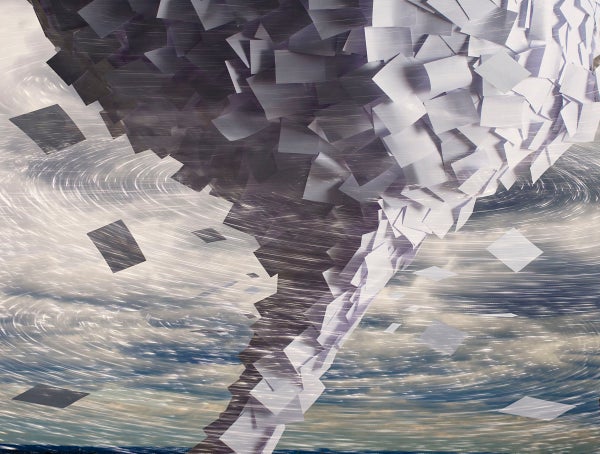 Stack of paper in a tornado wind storm