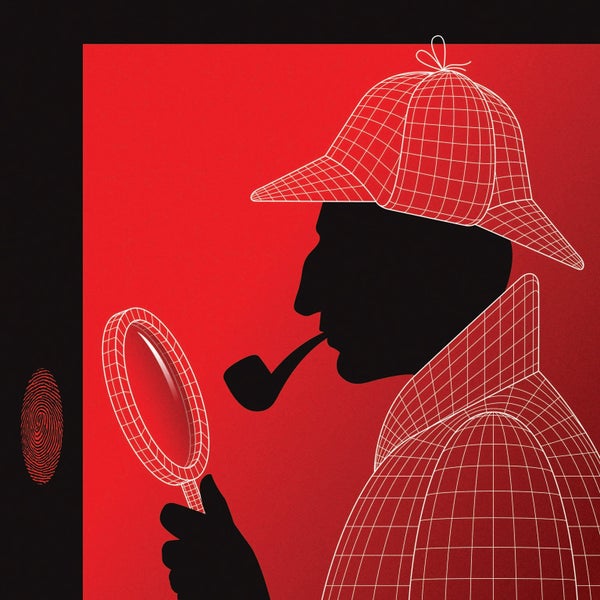 A red and black illustration of a detective looking through a magnifying glass and smoking a pipe.
