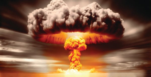 A photorealistic illustration showing a mushroom cloud, from a nuclear bomb explosion.