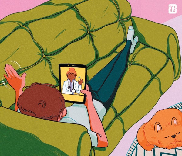 Illustration of person using telehealth while sitting on couch.