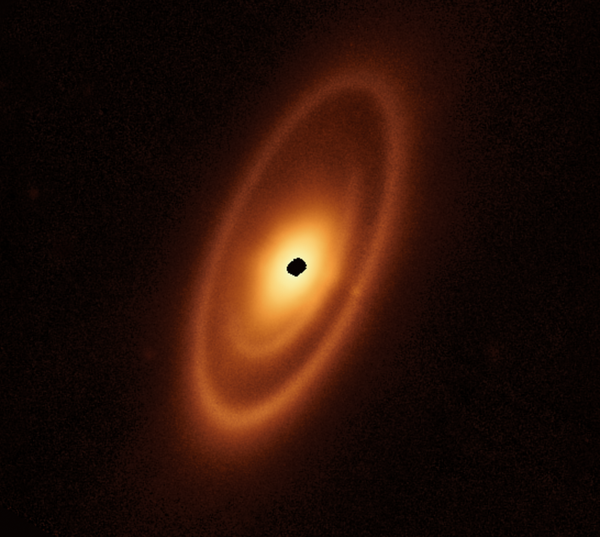 This image of the dusty debris disk surrounding the young star Fomalhaut is from Webb's Mid-Infrared Instrument (MIRI).