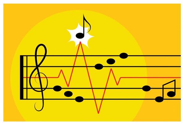 Illustration of music notes on a yellow background.