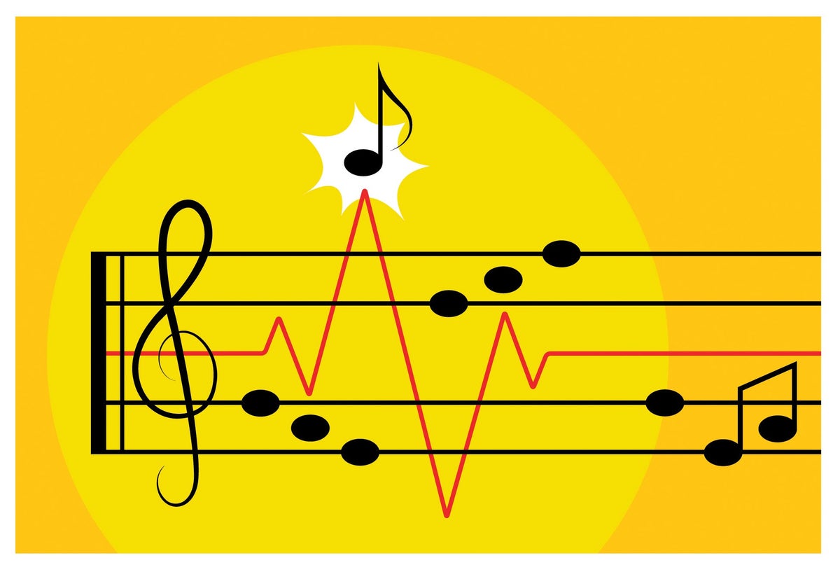 Illustration of music notes on a yellow background.