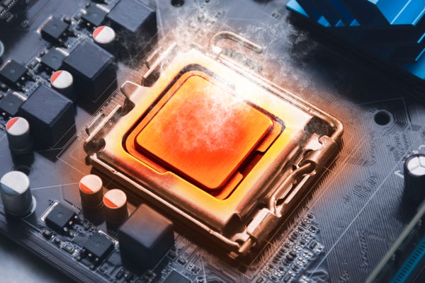 A CPU overheats and burns in the socket on the computer motherboard