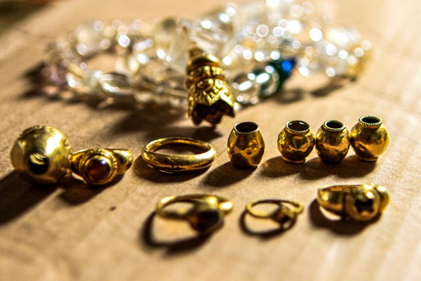 A display of rings and other golden jewelry