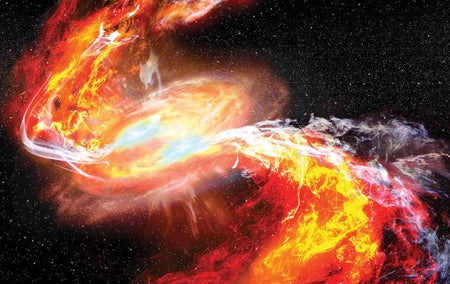 Two neutron stars spiral toward an explosive collision.