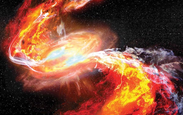 Two neutron stars spiral toward an explosive collision.