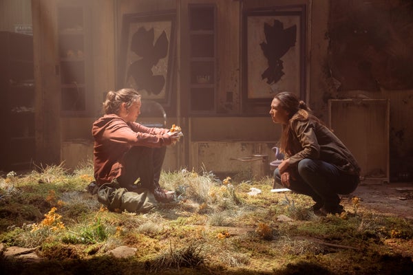 Still from TV show The Last of Us with Bella Ramsey and Anna Torv