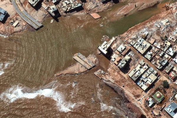 Satellite view of flooded dam.